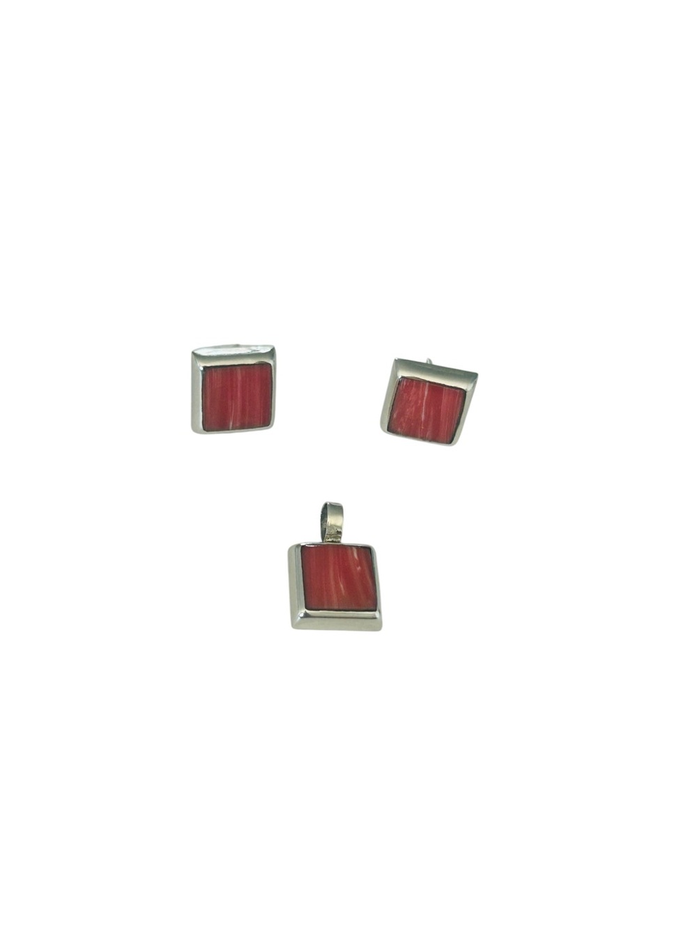 Taxco Mexico 925 Sterling Silver Red Coral Stud Earrings & Pendant Set 1cm